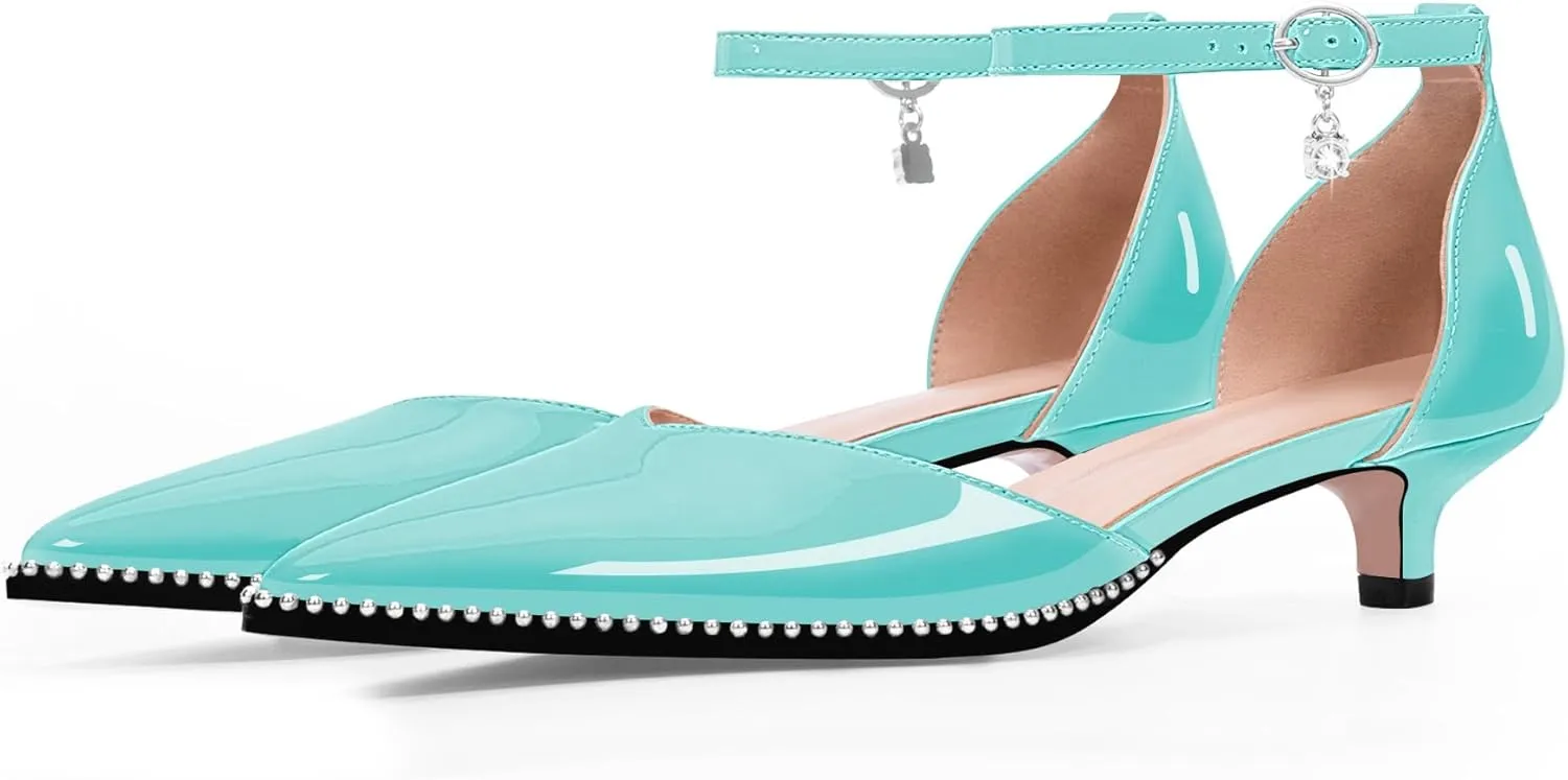 Women's Low Kitten Heel Pointed Toe Pumps Ankle Strap Patent Leather Prom Wedding Dress Shoes