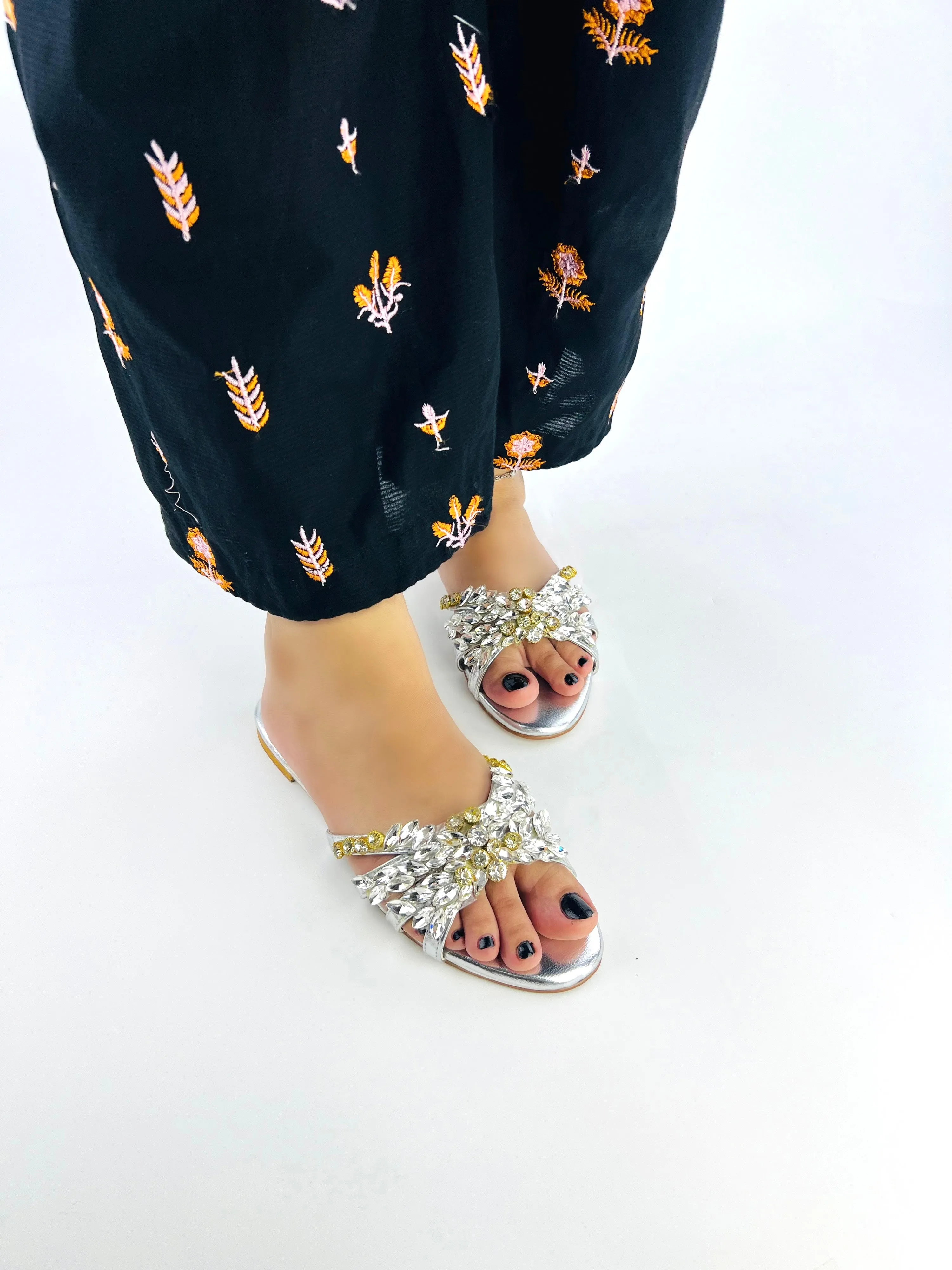 Women's Metallic Silver Rhinestone Embellished Flat Slides-11020