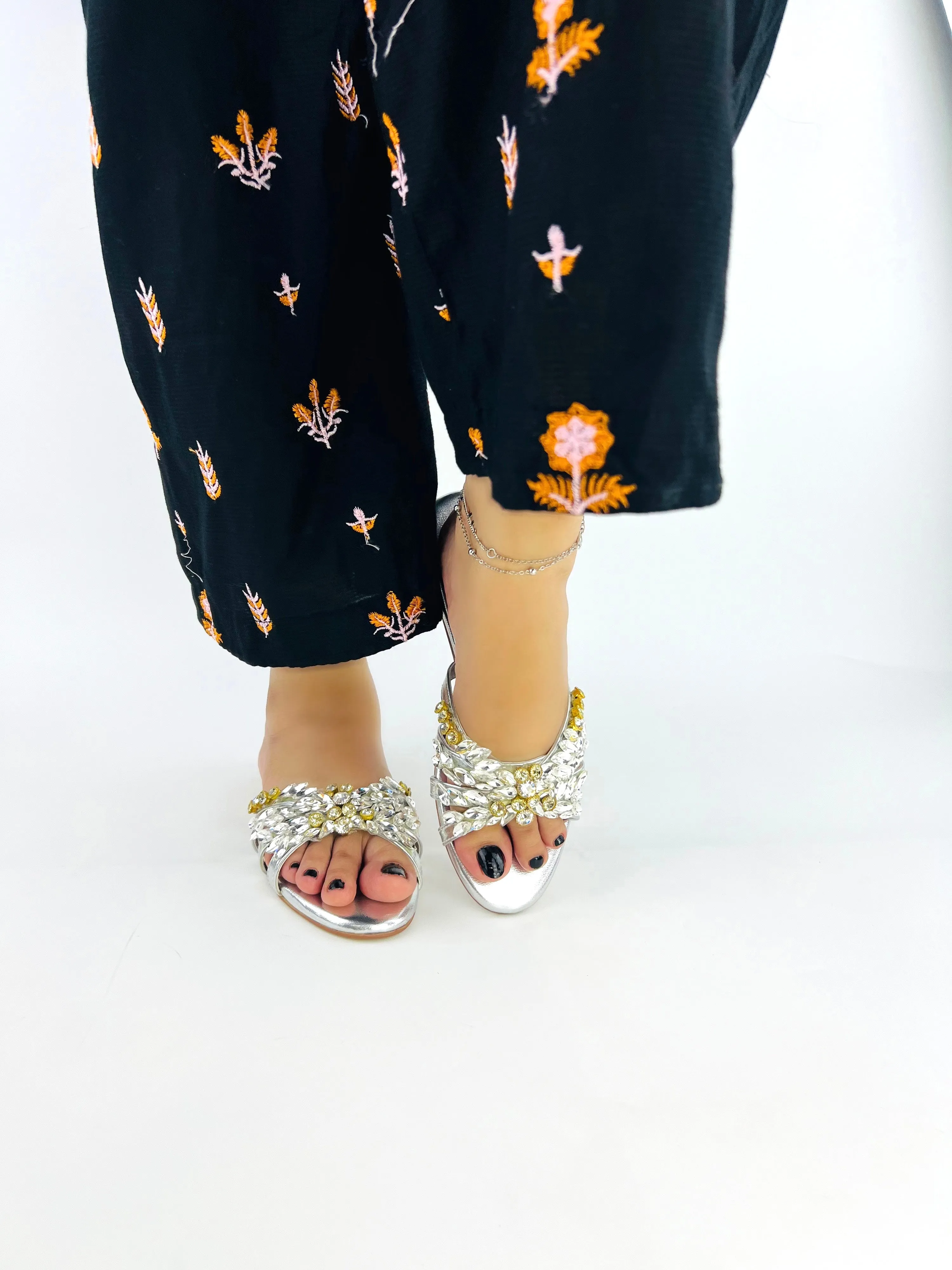 Women's Metallic Silver Rhinestone Embellished Flat Slides-11020