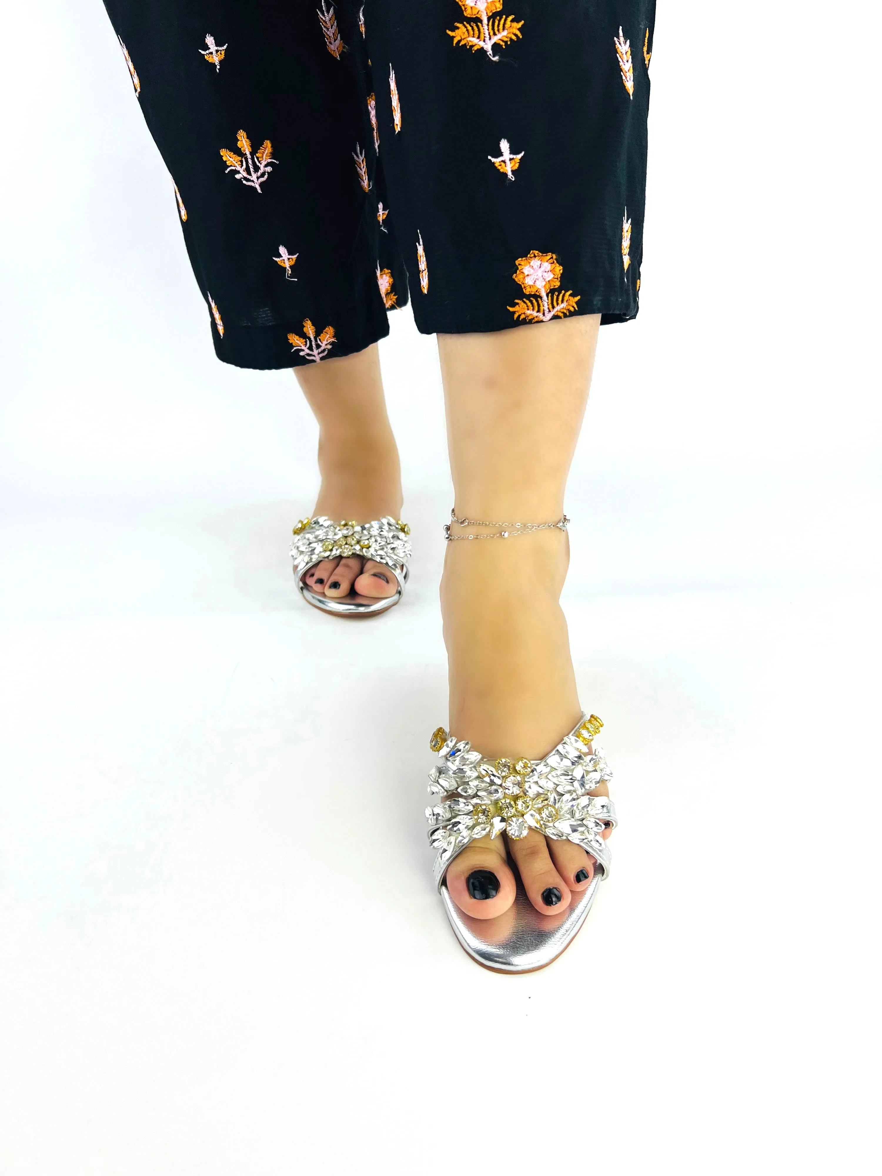 Women's Metallic Silver Rhinestone Embellished Flat Slides-11020
