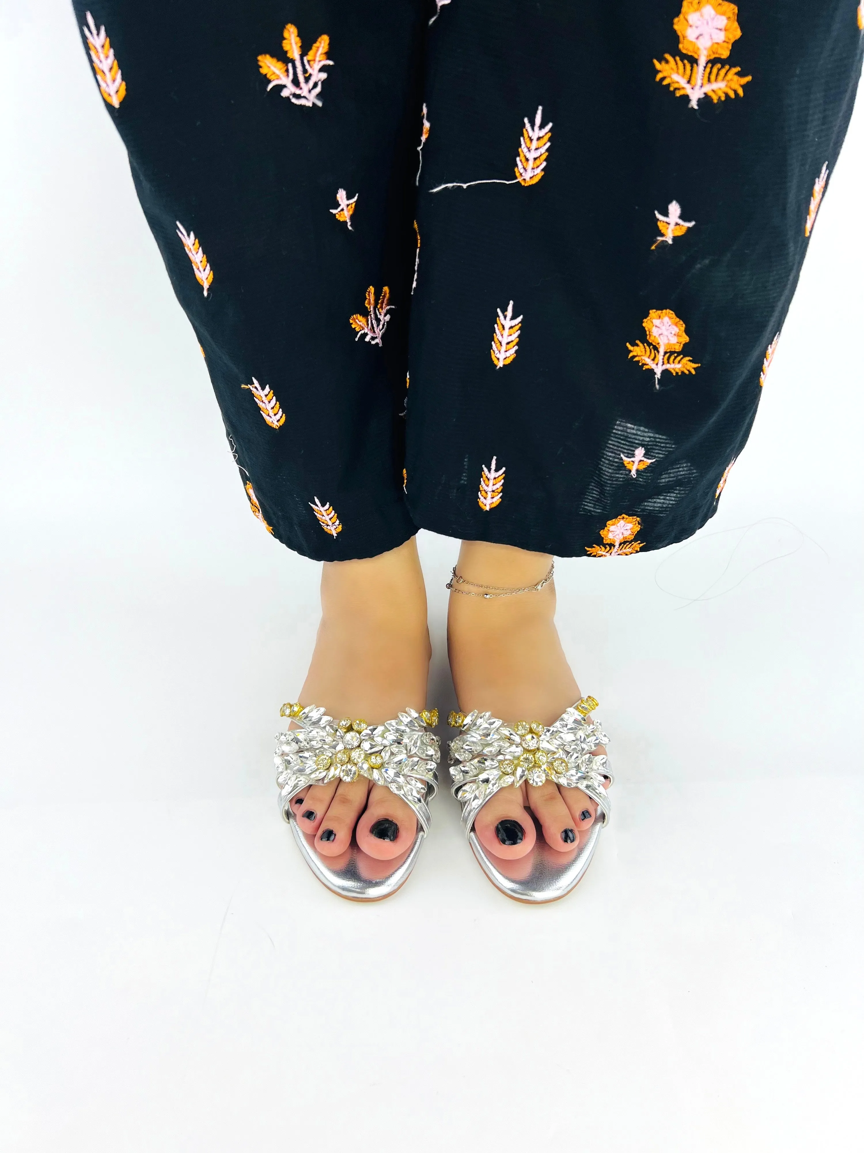 Women's Metallic Silver Rhinestone Embellished Flat Slides-11020