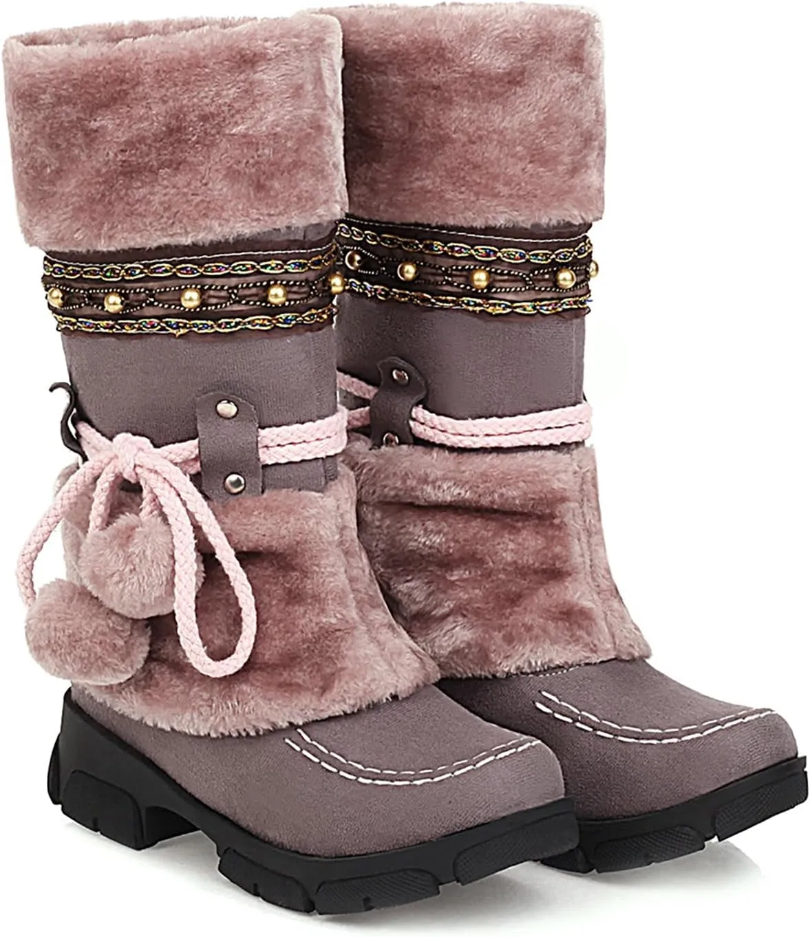 Women's Mid-Calf Slip On Winter Snow Boots, Classic Round Toe Suede Faux Fur Cozy Warm Comfortable Winter Booties Low Heel Hairball Flat Soled Shoes