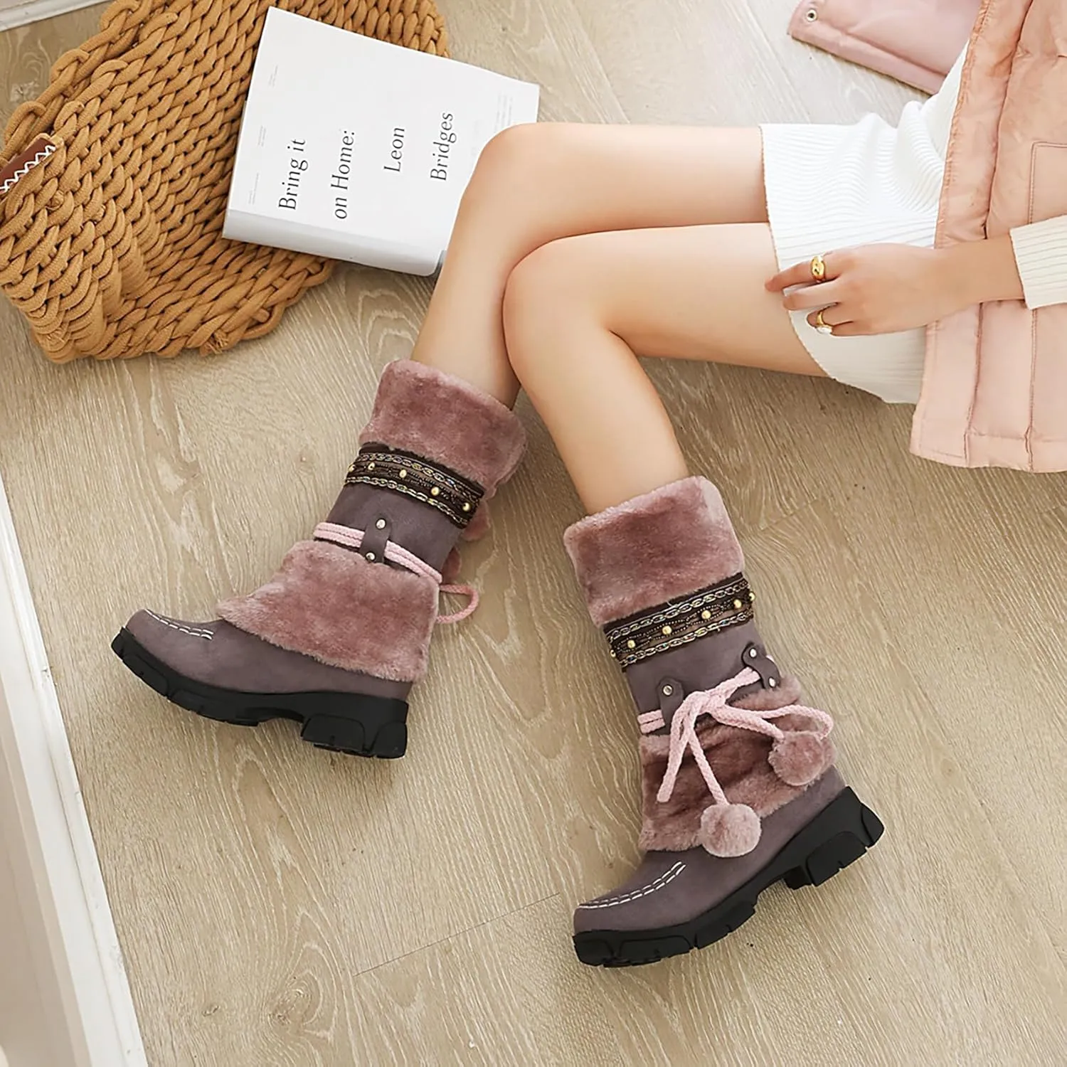 Women's Mid-Calf Slip On Winter Snow Boots, Classic Round Toe Suede Faux Fur Cozy Warm Comfortable Winter Booties Low Heel Hairball Flat Soled Shoes