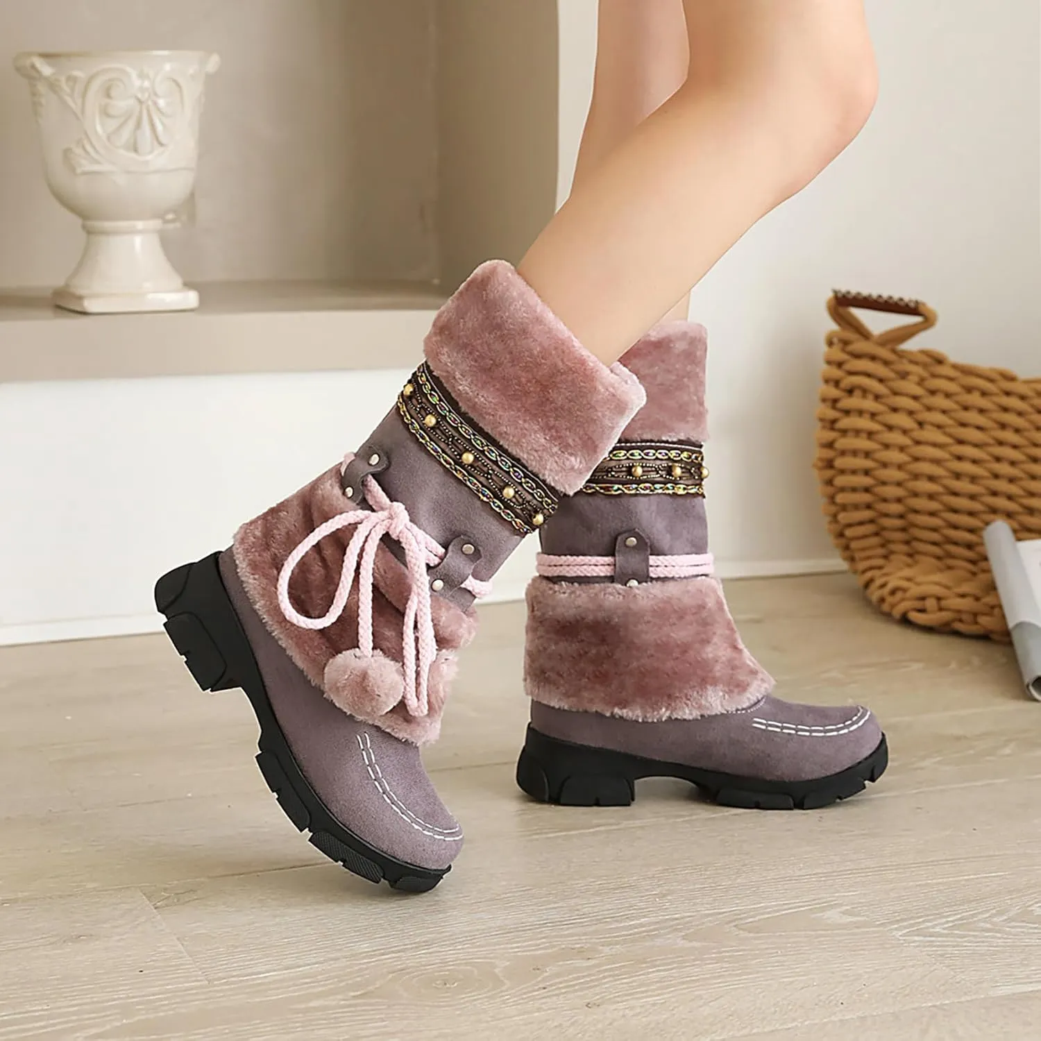Women's Mid-Calf Slip On Winter Snow Boots, Classic Round Toe Suede Faux Fur Cozy Warm Comfortable Winter Booties Low Heel Hairball Flat Soled Shoes
