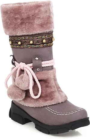 Women's Mid-Calf Slip On Winter Snow Boots, Classic Round Toe Suede Faux Fur Cozy Warm Comfortable Winter Booties Low Heel Hairball Flat Soled Shoes