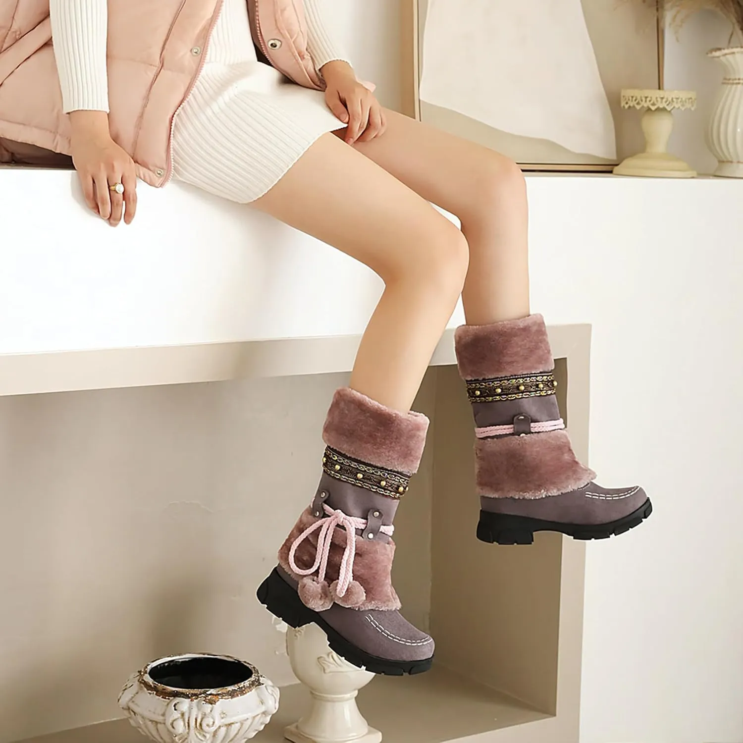 Women's Mid-Calf Slip On Winter Snow Boots, Classic Round Toe Suede Faux Fur Cozy Warm Comfortable Winter Booties Low Heel Hairball Flat Soled Shoes