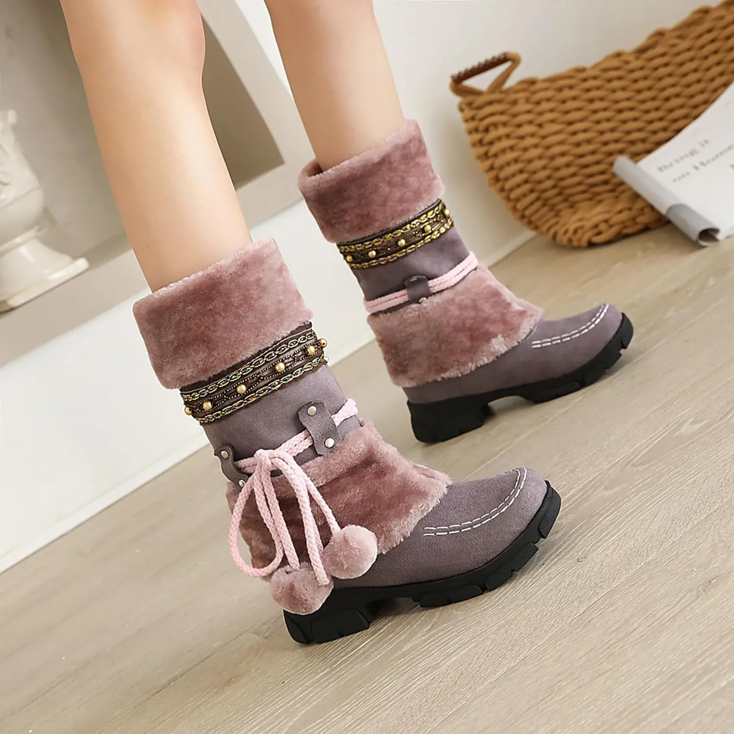 Women's Mid-Calf Slip On Winter Snow Boots, Classic Round Toe Suede Faux Fur Cozy Warm Comfortable Winter Booties Low Heel Hairball Flat Soled Shoes