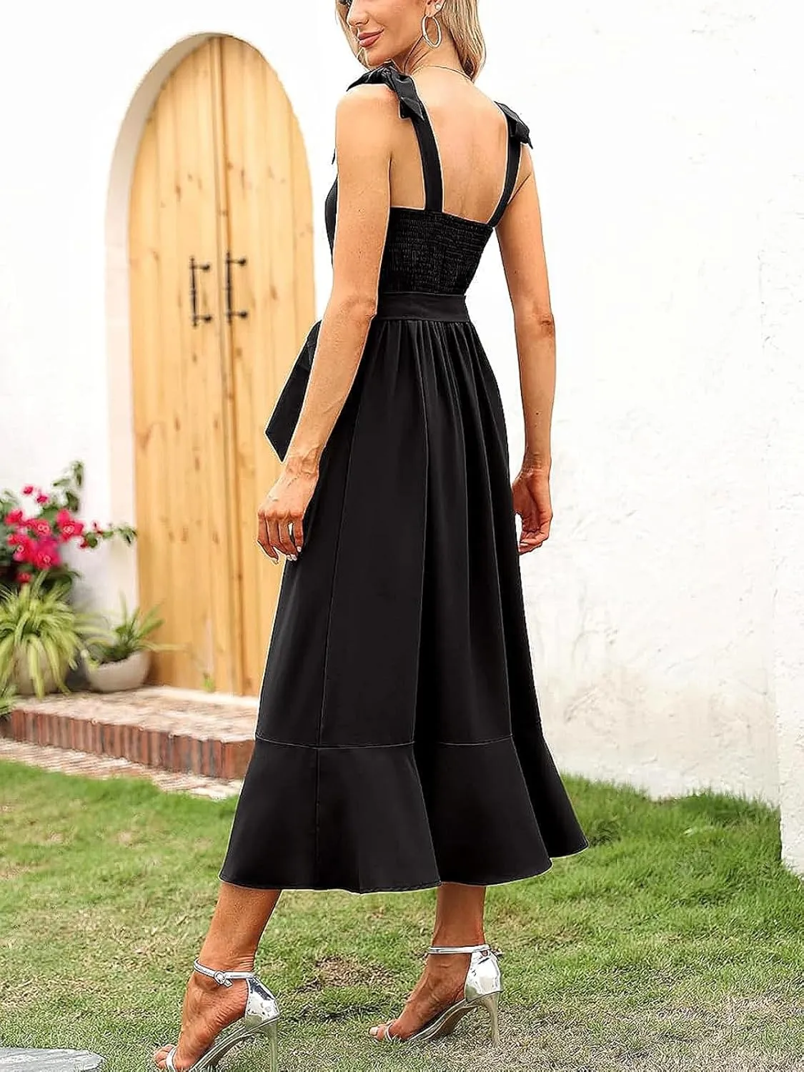 Women's Midi Dresses for Women Square Neck Ruffle Split Dress Elegant Bridesmaid's Dresses Formal for Wedding Guest