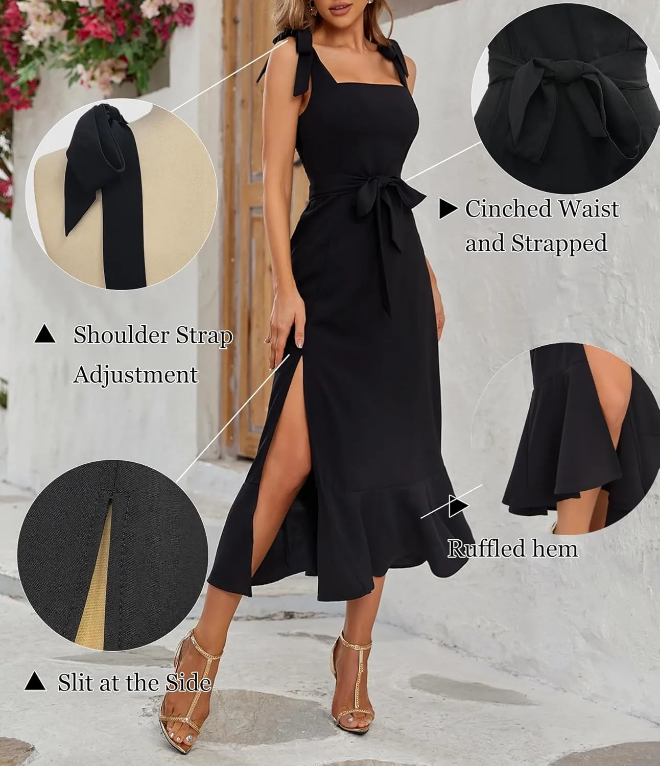 Women's Midi Dresses for Women Square Neck Ruffle Split Dress Elegant Bridesmaid's Dresses Formal for Wedding Guest