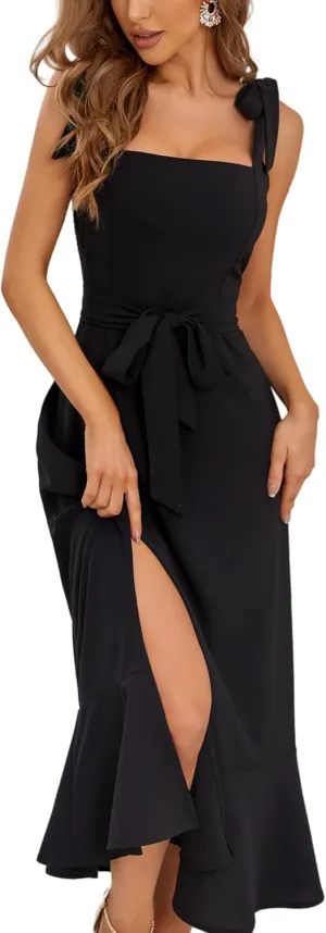 Women's Midi Dresses for Women Square Neck Ruffle Split Dress Elegant Bridesmaid's Dresses Formal for Wedding Guest