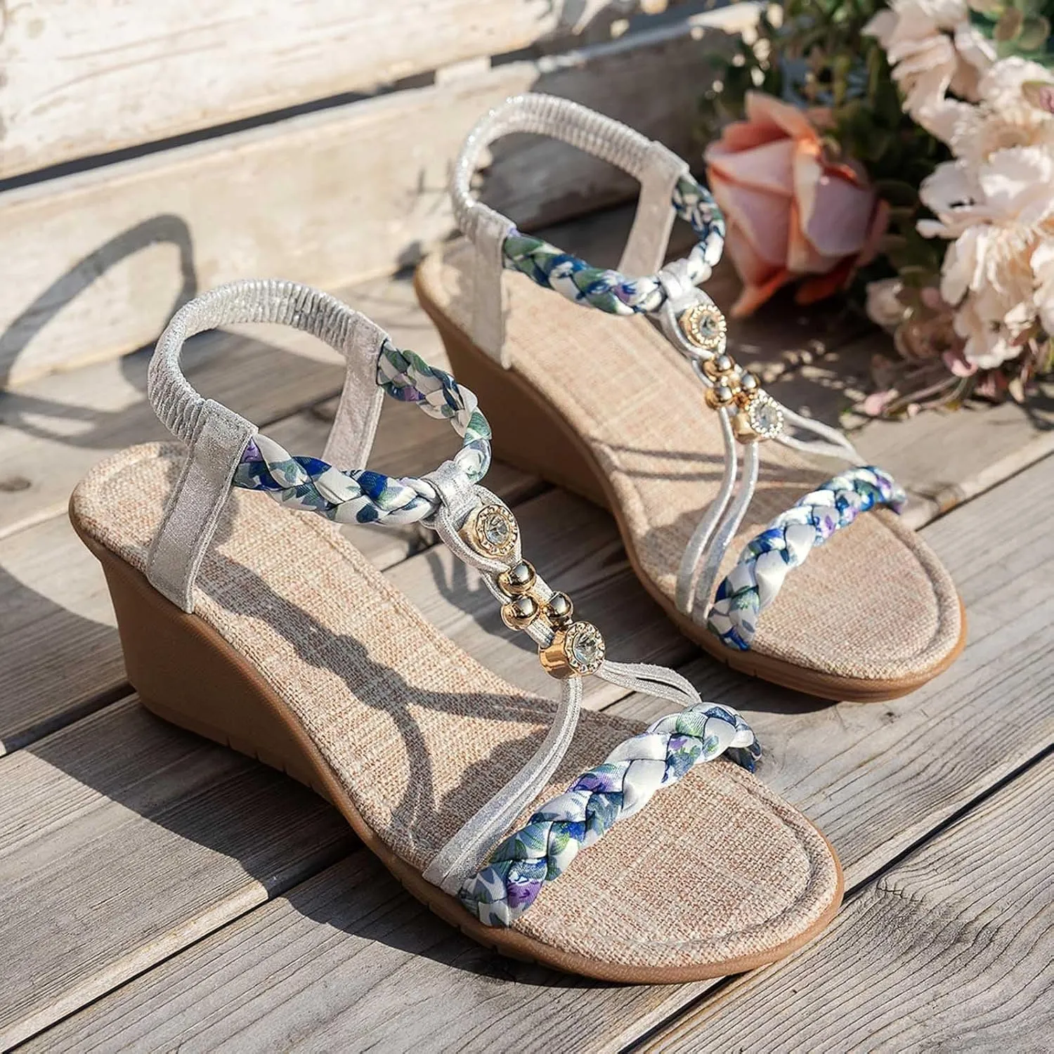Women's Orthopedic Wedge Sandals with Arch Support Open Toe Low Wedges Boho Sparkly Cute Sandal Summer Comfortable Elastic Ankle Strap Breathable Shoes for Beach Party Outdoor Indoor