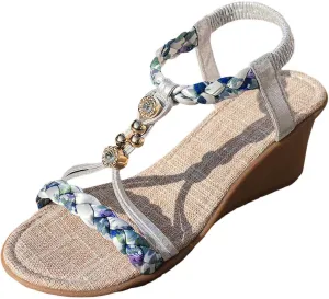 Women's Orthopedic Wedge Sandals with Arch Support Open Toe Low Wedges Boho Sparkly Cute Sandal Summer Comfortable Elastic Ankle Strap Breathable Shoes for Beach Party Outdoor Indoor
