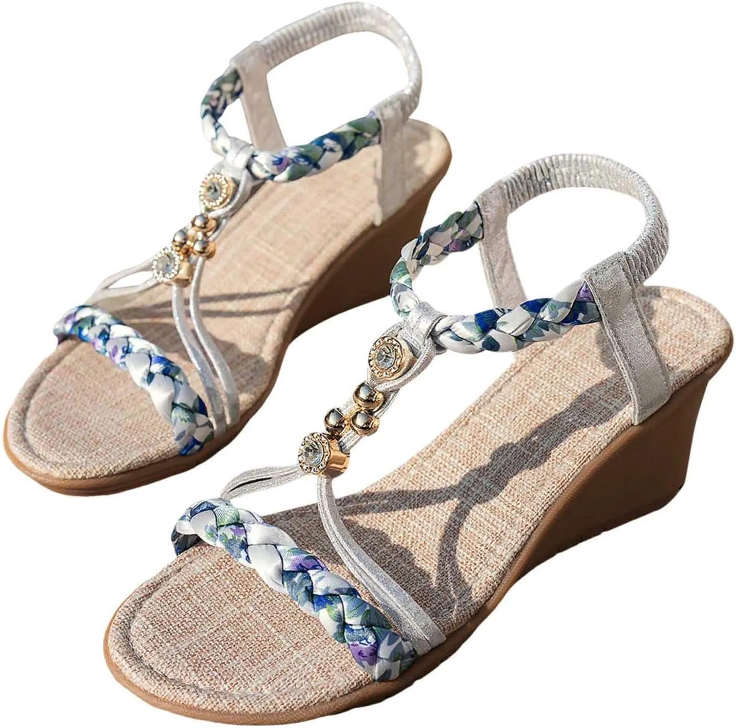 Women's Orthopedic Wedge Sandals with Arch Support Open Toe Low Wedges Boho Sparkly Cute Sandal Summer Comfortable Elastic Ankle Strap Breathable Shoes for Beach Party Outdoor Indoor