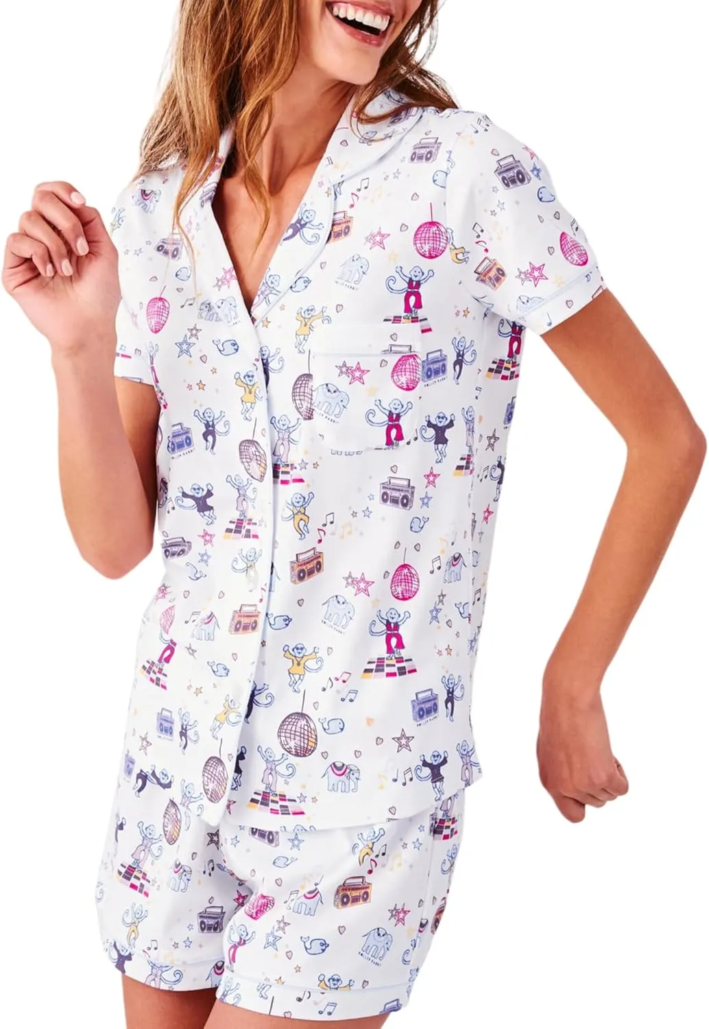 Womens Pajamas Set, 2PCS Button Down Vacation Monkey Beach Shorts Set Y2k Loungewear Pjs for Birthday Valentines Gift