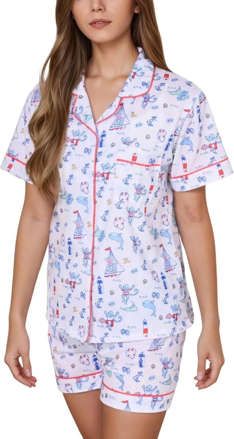 Womens Pajamas Set, 2PCS Button Down Vacation Monkey Beach Shorts Set Y2k Loungewear Pjs for Birthday Valentines Gift