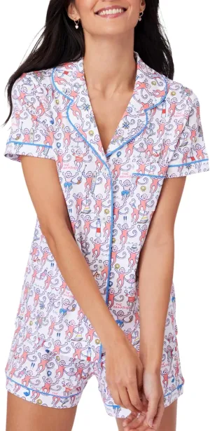 Womens Pajamas Set, 2PCS Button Down Vacation Monkey Beach Shorts Set Y2k Loungewear Pjs for Birthday Valentines Gift