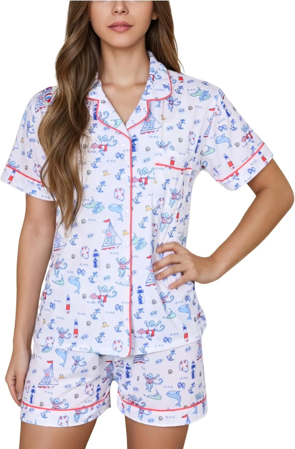 Womens Pajamas Set, 2PCS Button Down Vacation Monkey Beach Shorts Set Y2k Loungewear Pjs for Birthday Valentines Gift
