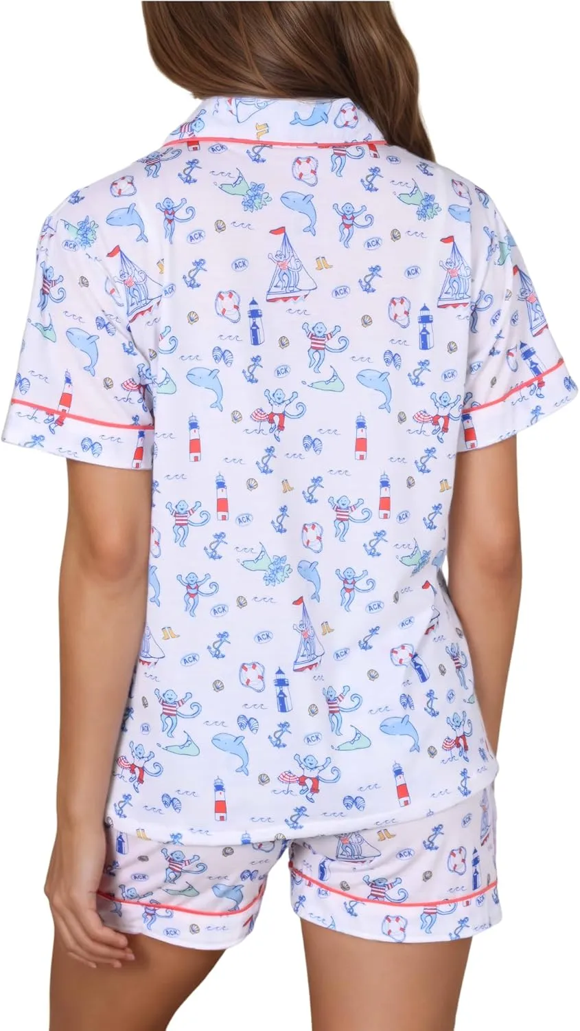 Womens Pajamas Set, 2PCS Button Down Vacation Monkey Beach Shorts Set Y2k Loungewear Pjs for Birthday Valentines Gift