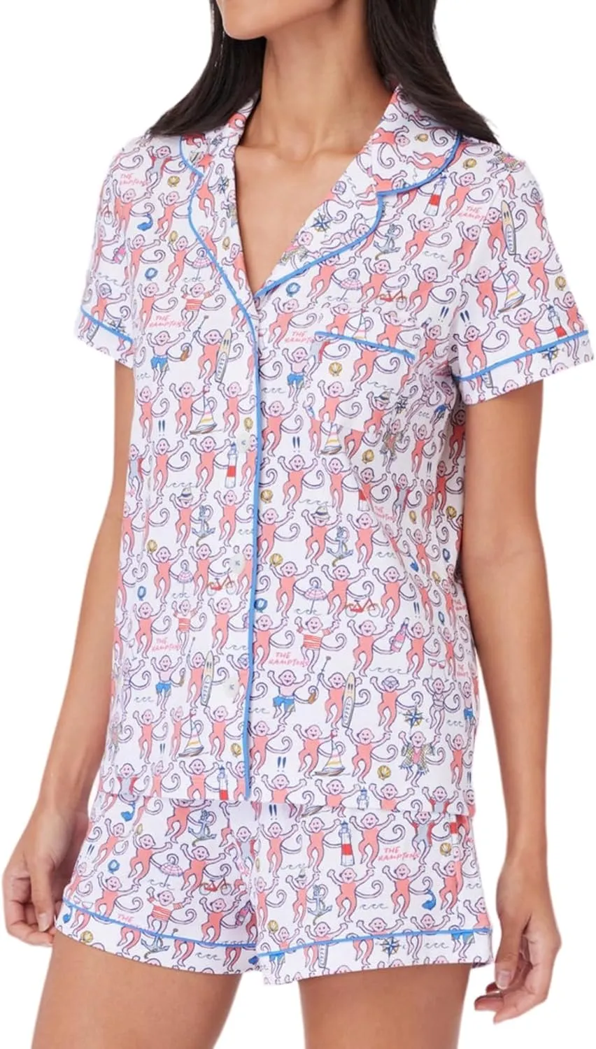 Womens Pajamas Set, 2PCS Button Down Vacation Monkey Beach Shorts Set Y2k Loungewear Pjs for Birthday Valentines Gift