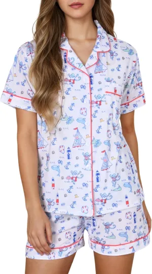 Womens Pajamas Set, 2PCS Button Down Vacation Monkey Beach Shorts Set Y2k Loungewear Pjs for Birthday Valentines Gift