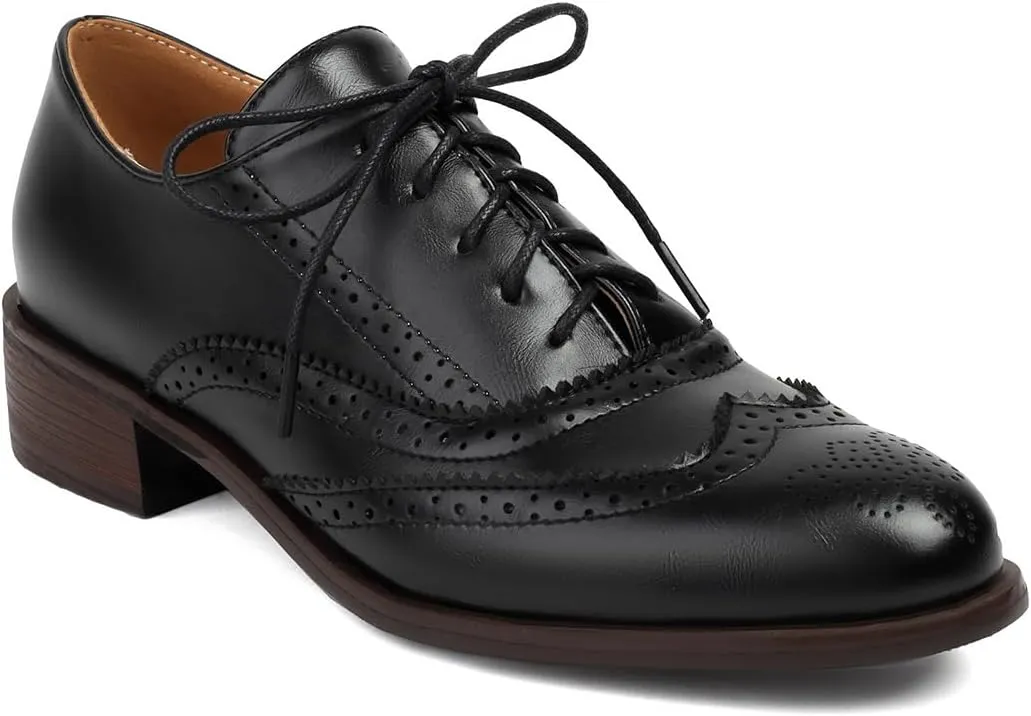 Women's Perforated Classic Lace-up Oxfords Brogue Wingtip Round Toe Derby Saddle Faux Leather Flat Shoes Evening Party Work Jeans Dress Shoes