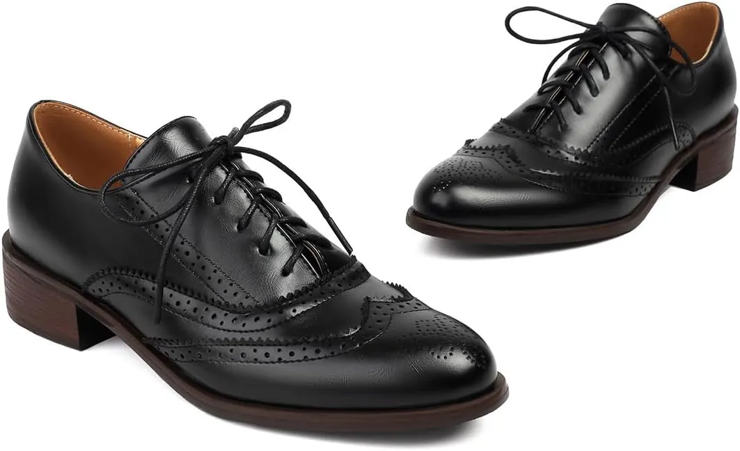 Women's Perforated Classic Lace-up Oxfords Brogue Wingtip Round Toe Derby Saddle Faux Leather Flat Shoes Evening Party Work Jeans Dress Shoes