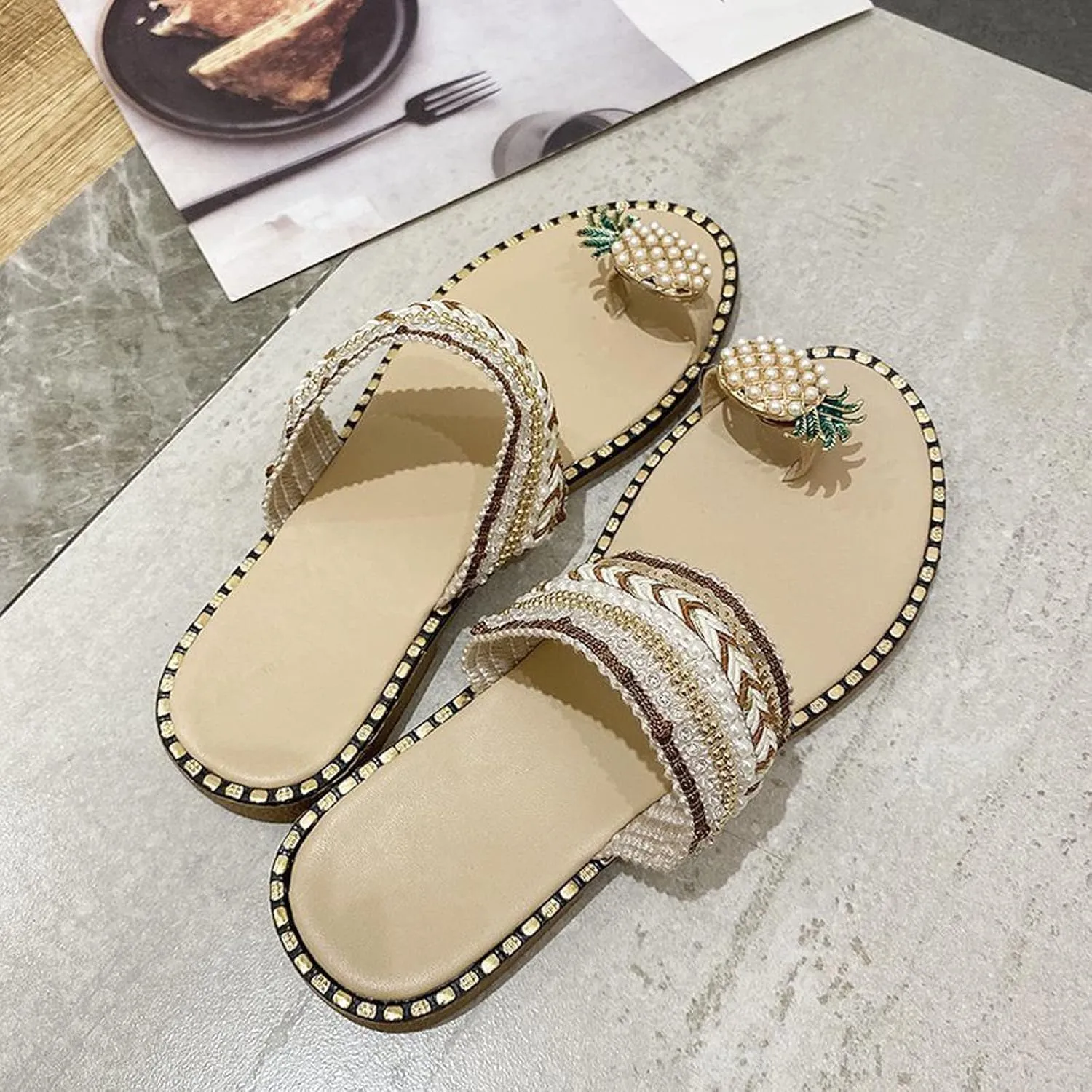 Women's Pineapple Slippers Pearl Flat Sandals Stylish Boho Beach Slides Sandal Clip Toe Flip Flops Summer Footwear
