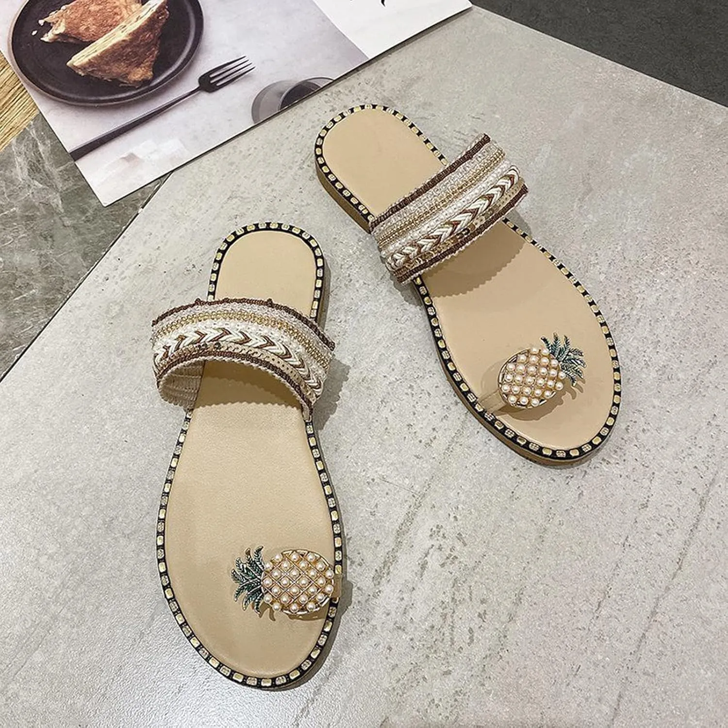 Women's Pineapple Slippers Pearl Flat Sandals Stylish Boho Beach Slides Sandal Clip Toe Flip Flops Summer Footwear