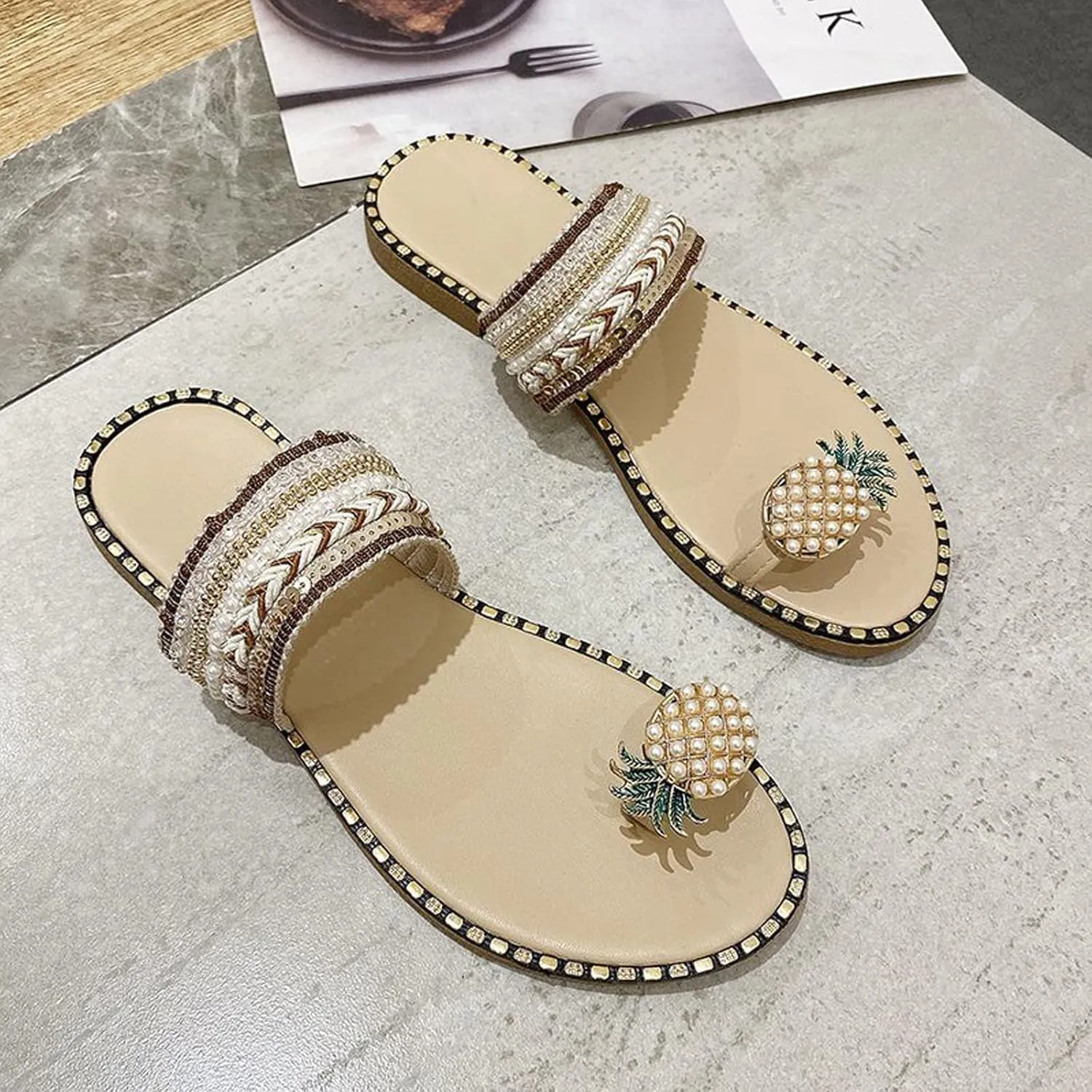 Women's Pineapple Slippers Pearl Flat Sandals Stylish Boho Beach Slides Sandal Clip Toe Flip Flops Summer Footwear