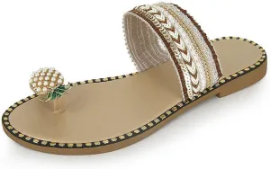 Women's Pineapple Slippers Pearl Flat Sandals Stylish Boho Beach Slides Sandal Clip Toe Flip Flops Summer Footwear