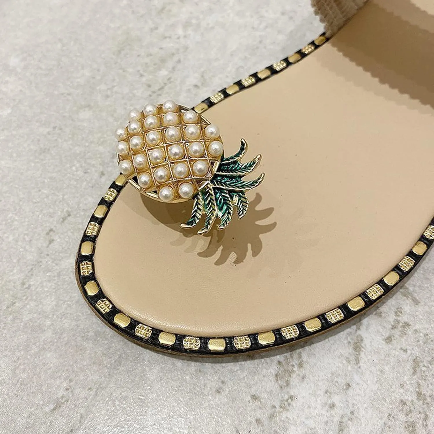 Women's Pineapple Slippers Pearl Flat Sandals Stylish Boho Beach Slides Sandal Clip Toe Flip Flops Summer Footwear