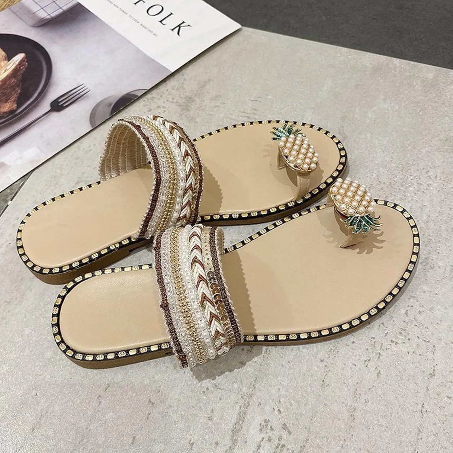 Women's Pineapple Slippers Pearl Flat Sandals Stylish Boho Beach Slides Sandal Clip Toe Flip Flops Summer Footwear
