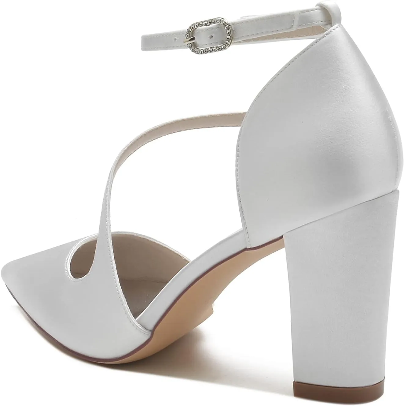Women's Pointed Toe Ankle Strap Block Chunky Heeled Sandal Comfortable Wedding Dress Pump Shoes