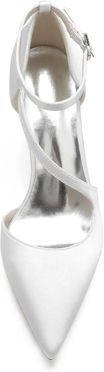 Women's Pointed Toe Ankle Strap Block Chunky Heeled Sandal Comfortable Wedding Dress Pump Shoes