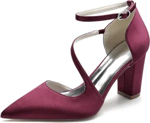 Women's Pointed Toe Ankle Strap Block Chunky Heeled Sandal Comfortable Wedding Dress Pump Shoes