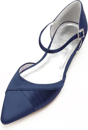 Women's Pointed Toe Pumps Pleated Satin Wedding Shoes for Bride Flats Ankle Strap Bridal Shoes Formal Prom Party Dress Pumps Sandals