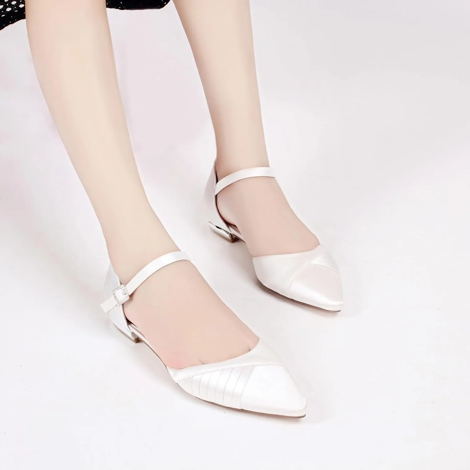 Women's Pointed Toe Pumps Pleated Satin Wedding Shoes for Bride Flats Ankle Strap Bridal Shoes Formal Prom Party Dress Pumps Sandals