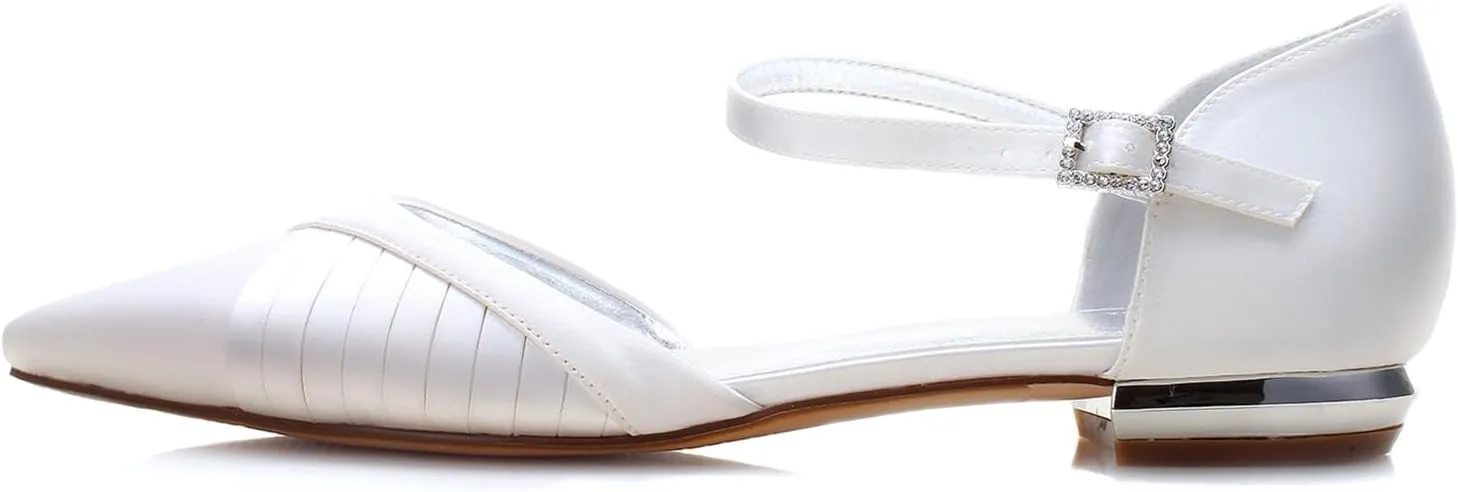 Women's Pointed Toe Pumps Pleated Satin Wedding Shoes for Bride Flats Ankle Strap Bridal Shoes Formal Prom Party Dress Pumps Sandals