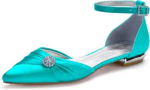 Women's Pointed Toe Pumps Rhinestones Satin Wedding Shoes for Bride Flats Ankle Strap Bridal Shoes Formal Prom Party Dress Pumps Sandals