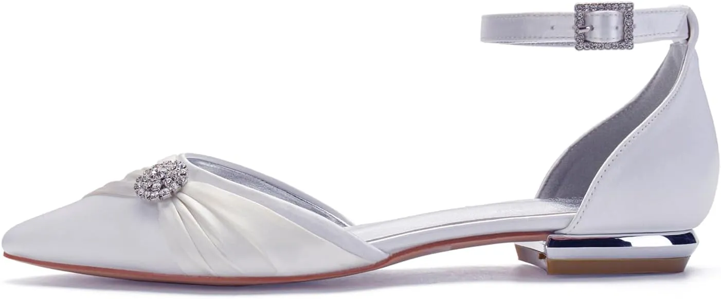 Women's Pointed Toe Pumps Rhinestones Satin Wedding Shoes for Bride Flats Ankle Strap Bridal Shoes Formal Prom Party Dress Pumps Sandals