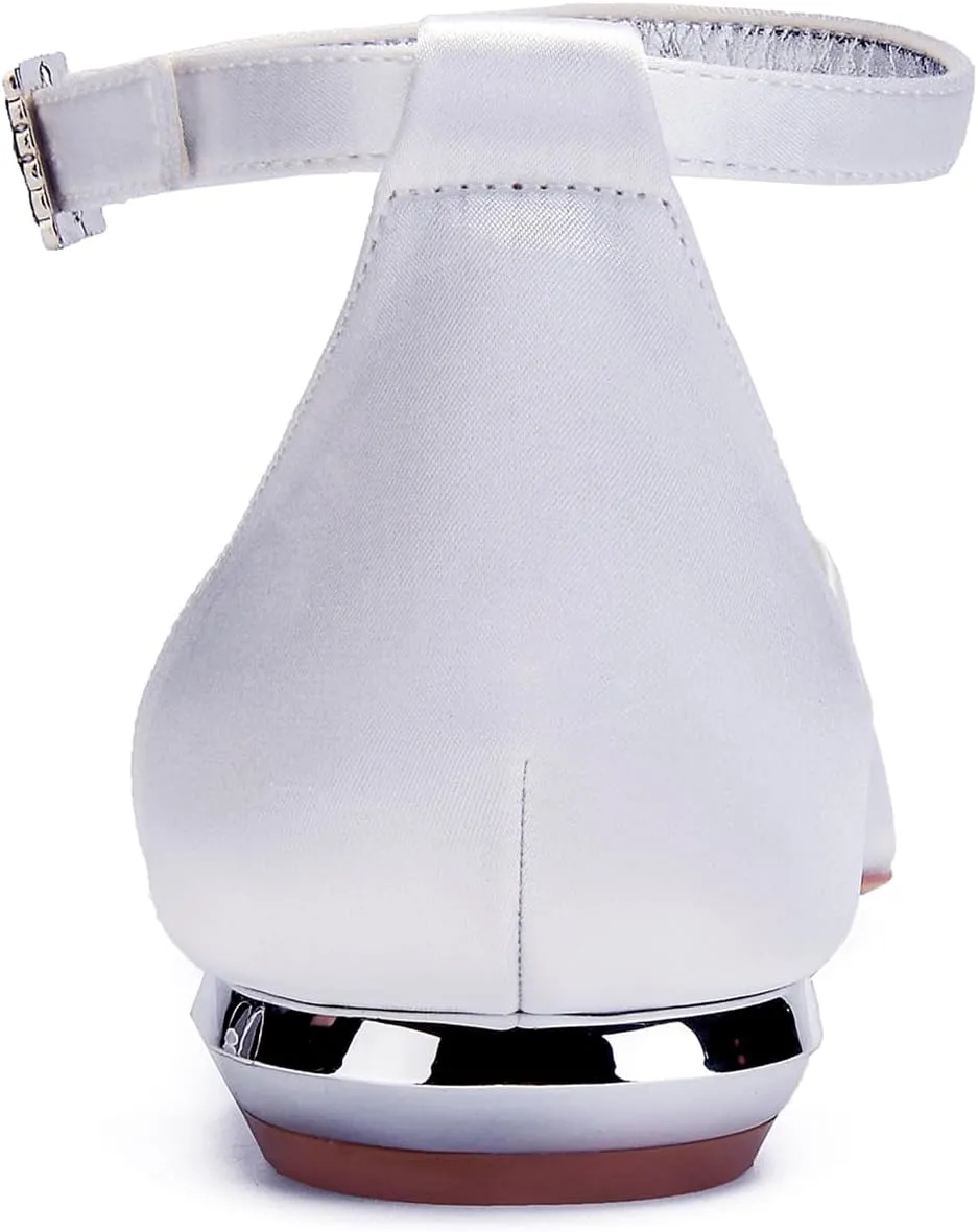 Women's Pointed Toe Pumps Rhinestones Satin Wedding Shoes for Bride Flats Ankle Strap Bridal Shoes Formal Prom Party Dress Pumps Sandals