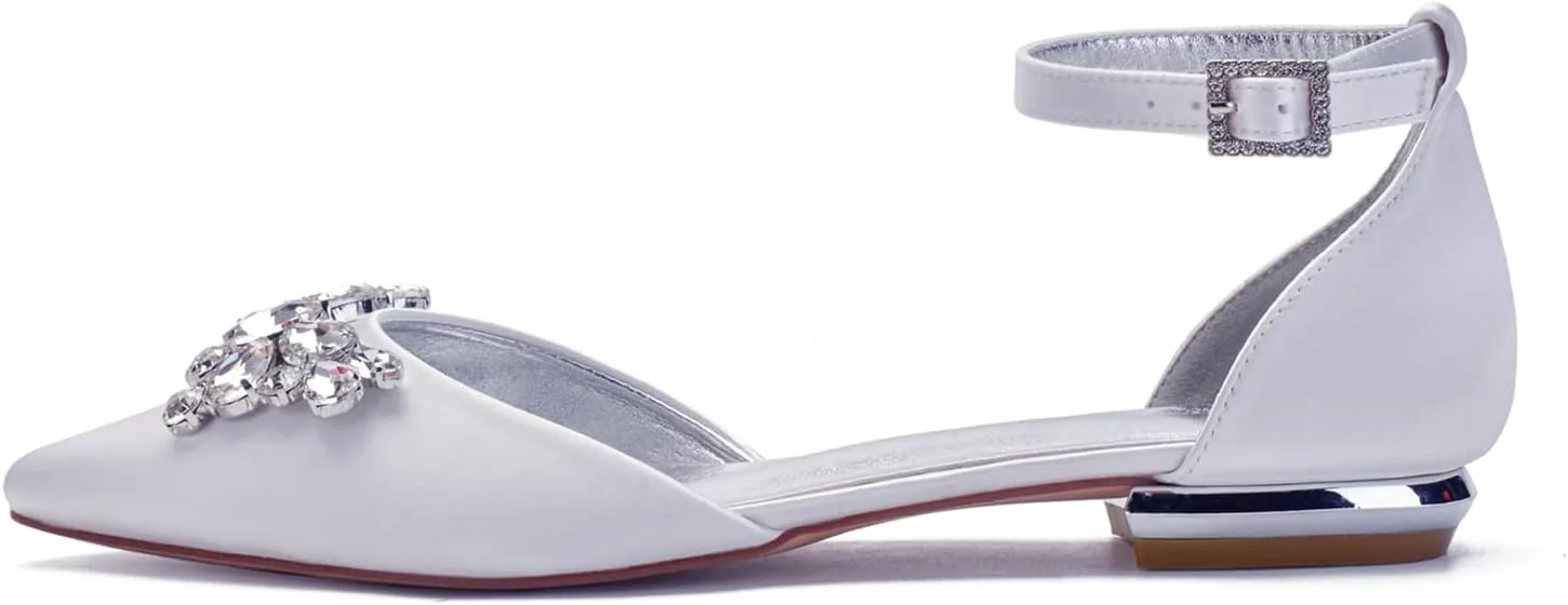 Women's Pointed Toe Satin Wedding Shoes for Bride Flats Comfortable Rhinestones Bridal Flats Evening Prom Party Dress Shoes Pumps