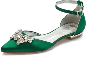 Women's Pointed Toe Satin Wedding Shoes for Bride Flats Comfortable Rhinestones Bridal Flats Evening Prom Party Dress Shoes Pumps