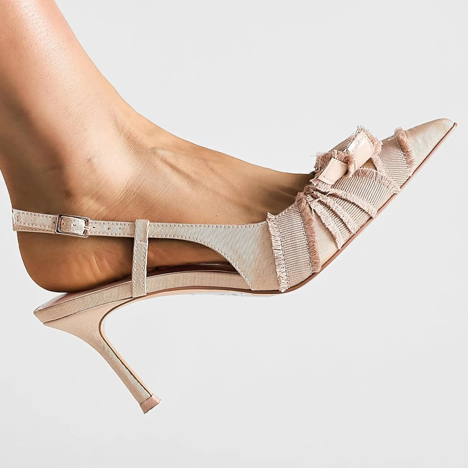 Women's Pointed Toe Slingback Heels with Bow Pearl, 3.15" Kitten Heels Slip on Stiletto Pumps with Buckled Straps for Designer Dress Shoes