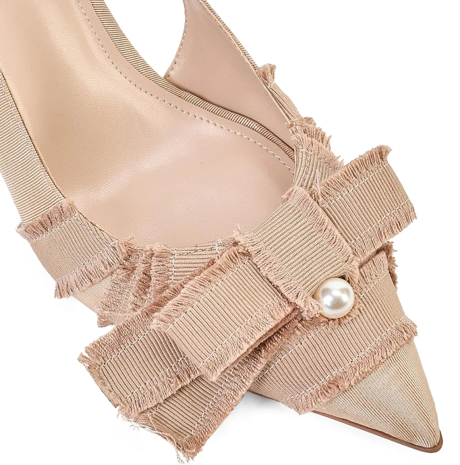 Women's Pointed Toe Slingback Heels with Bow Pearl, 3.15" Kitten Heels Slip on Stiletto Pumps with Buckled Straps for Designer Dress Shoes