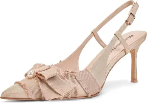 Women's Pointed Toe Slingback Heels with Bow Pearl, 3.15" Kitten Heels Slip on Stiletto Pumps with Buckled Straps for Designer Dress Shoes