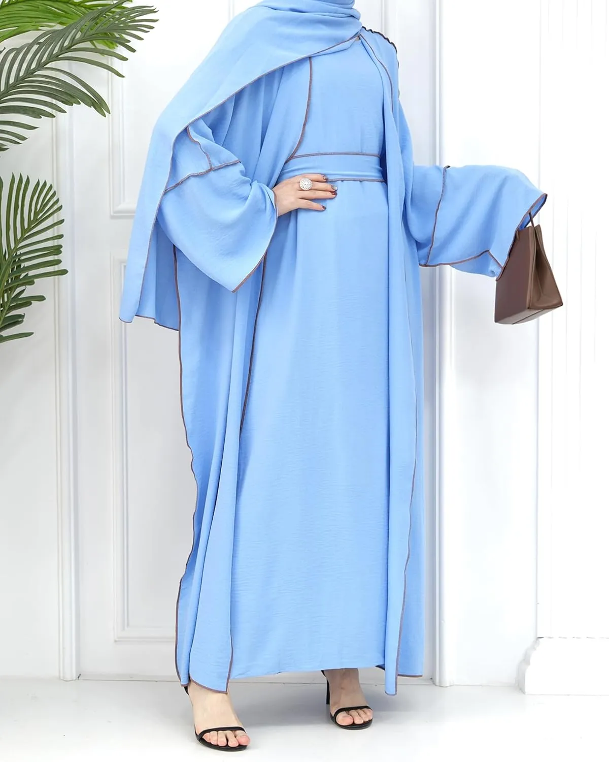 Women's Prayer Abaya 2 Pieces Muslim Dress Set Elegant Islamic Cardigan Contrast Piping Maxi Dress Robe