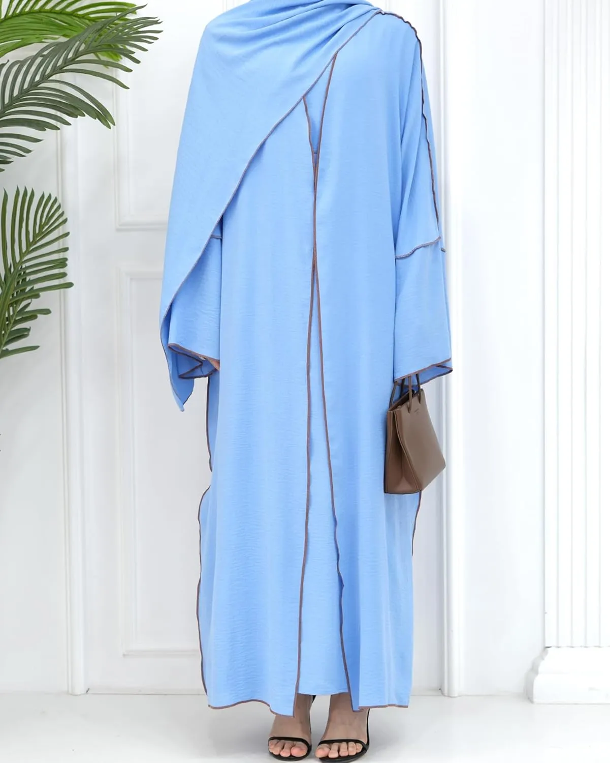 Women's Prayer Abaya 2 Pieces Muslim Dress Set Elegant Islamic Cardigan Contrast Piping Maxi Dress Robe