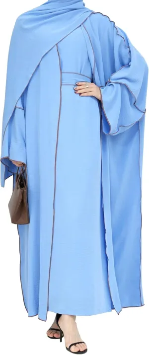 Women's Prayer Abaya 2 Pieces Muslim Dress Set Elegant Islamic Cardigan Contrast Piping Maxi Dress Robe