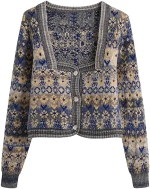 Women's Retro Square Neck Floral Print Knitted Sweater Long Sleeve Cardigan Top